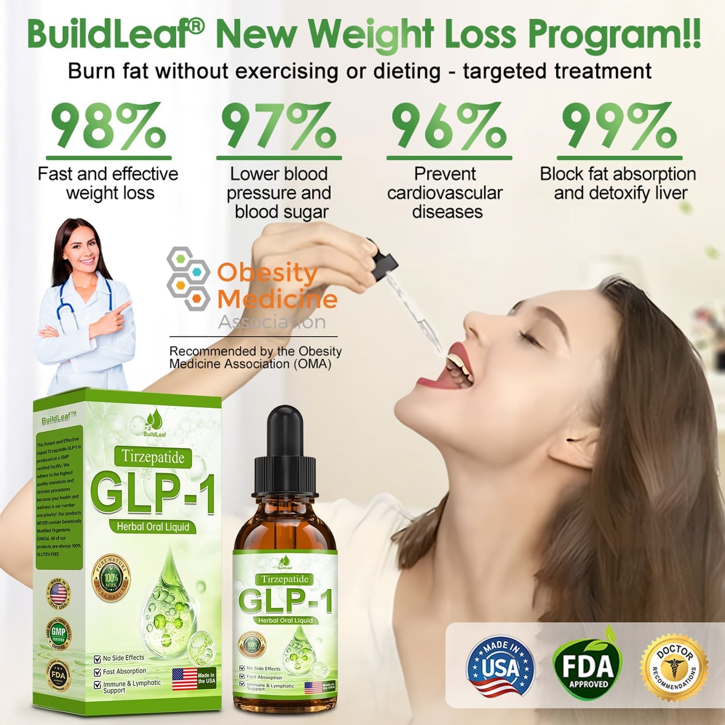 Препоръчано от клиниката Майо | Официален магазин | BuildLeaf®Tirzepatide GLP-1 Moringa Slimming & Health Boost капки (Фет бърнър с хранителен клас - Разработен от Обществото за затлъстяване)